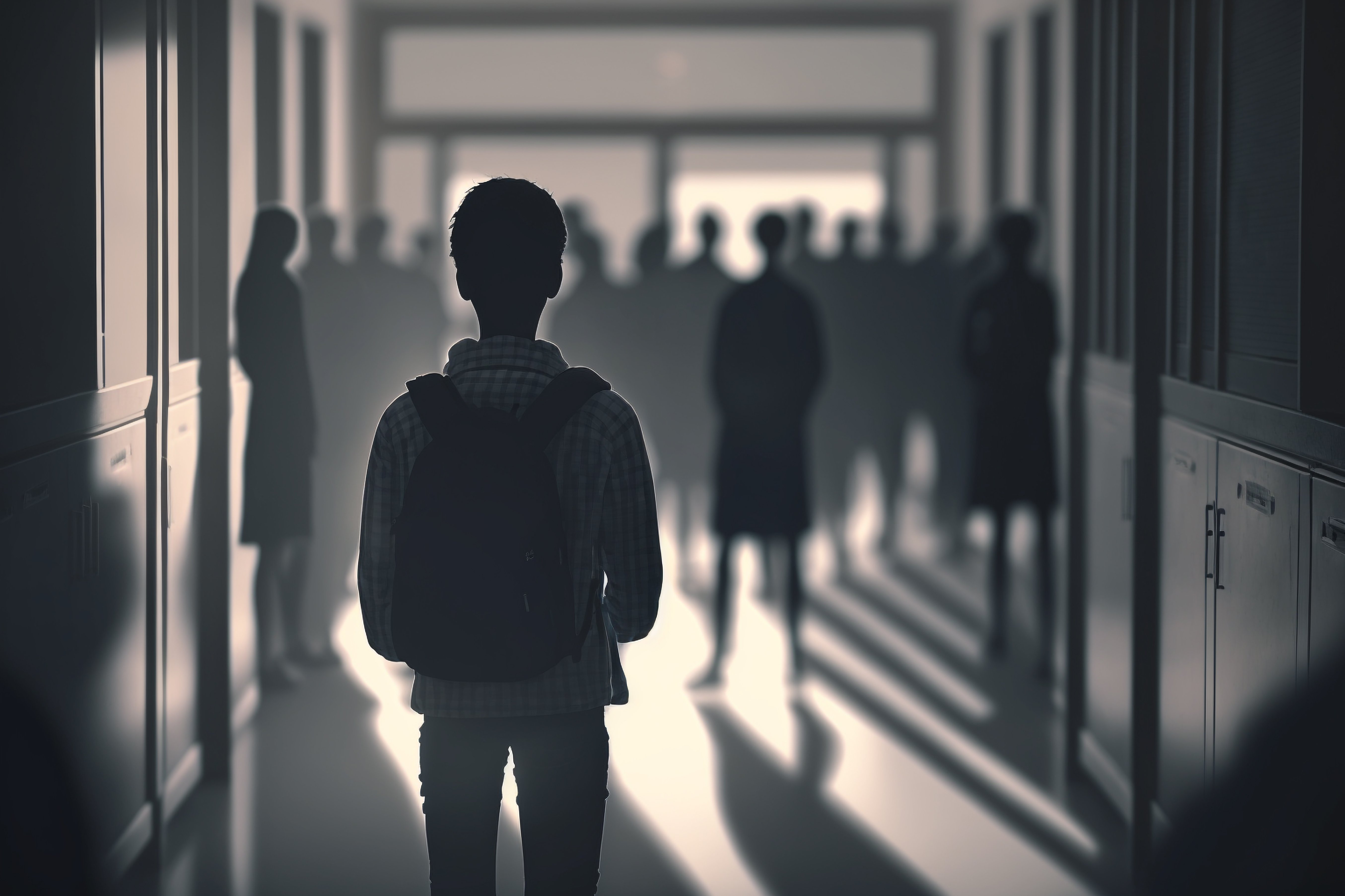 Boy standing in a dark school hallway 