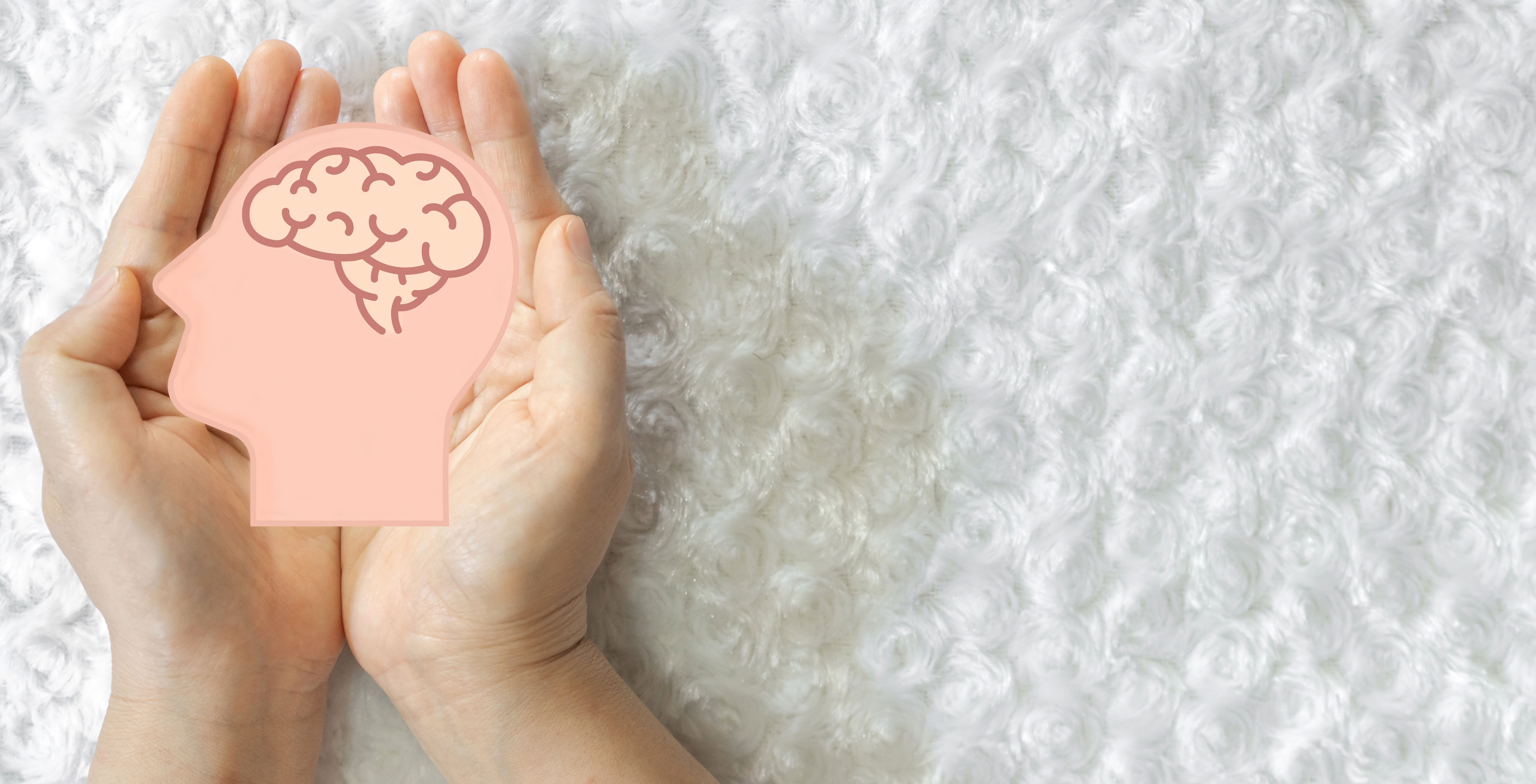 hands holding a paper cut-out of a head with a brain