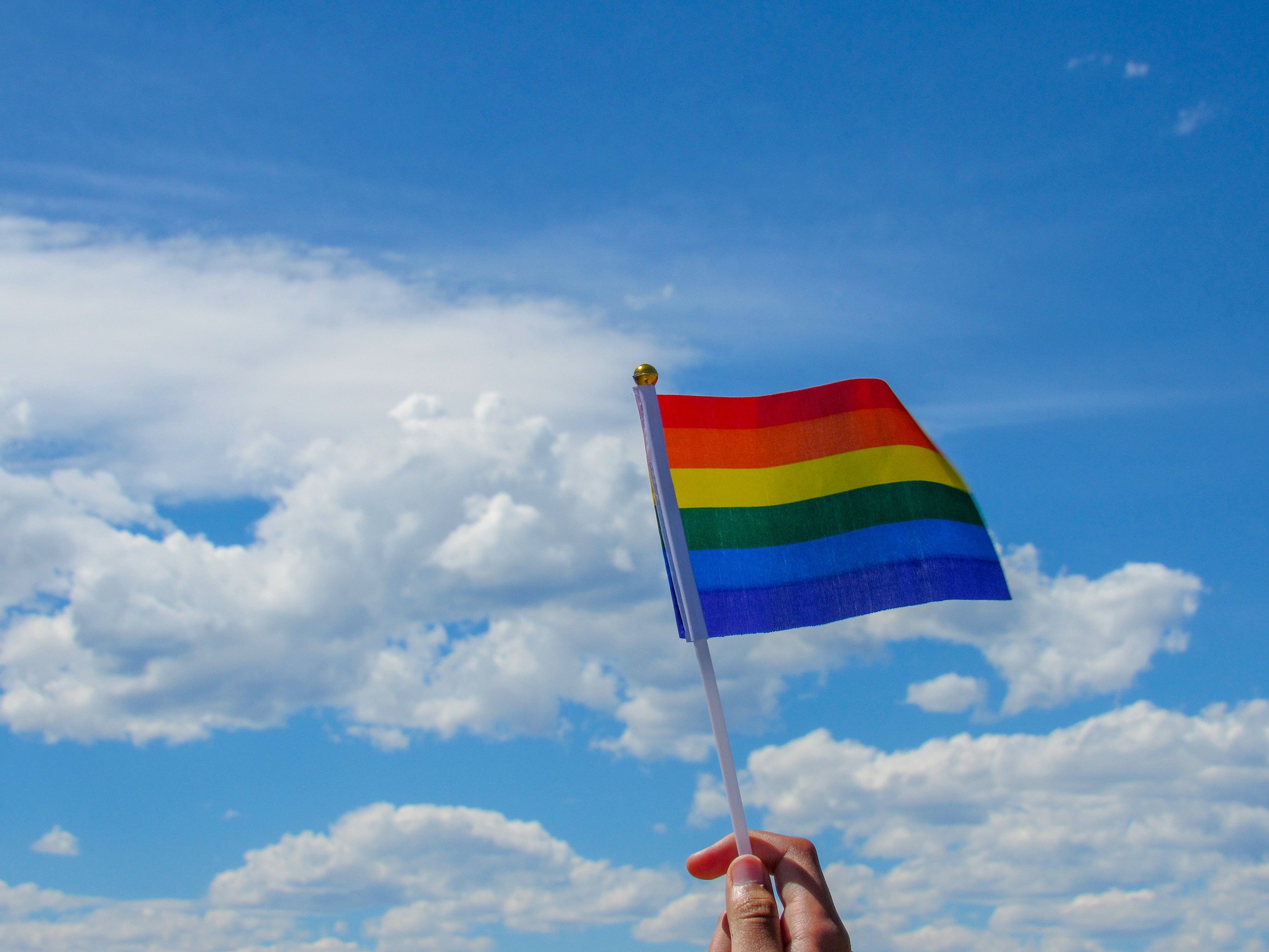 Hand waving rainbow flag in sky