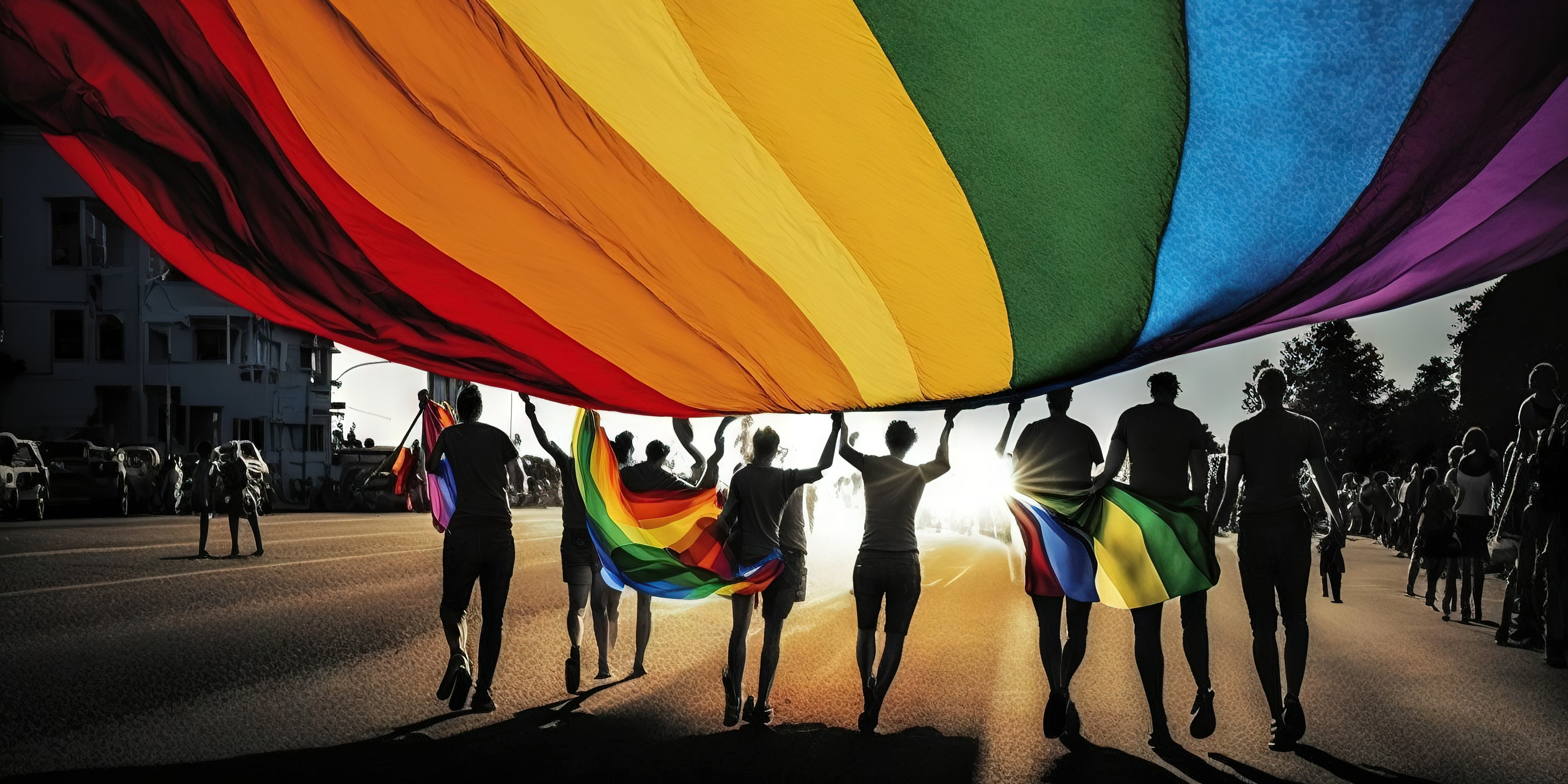 group of people holding pride flag