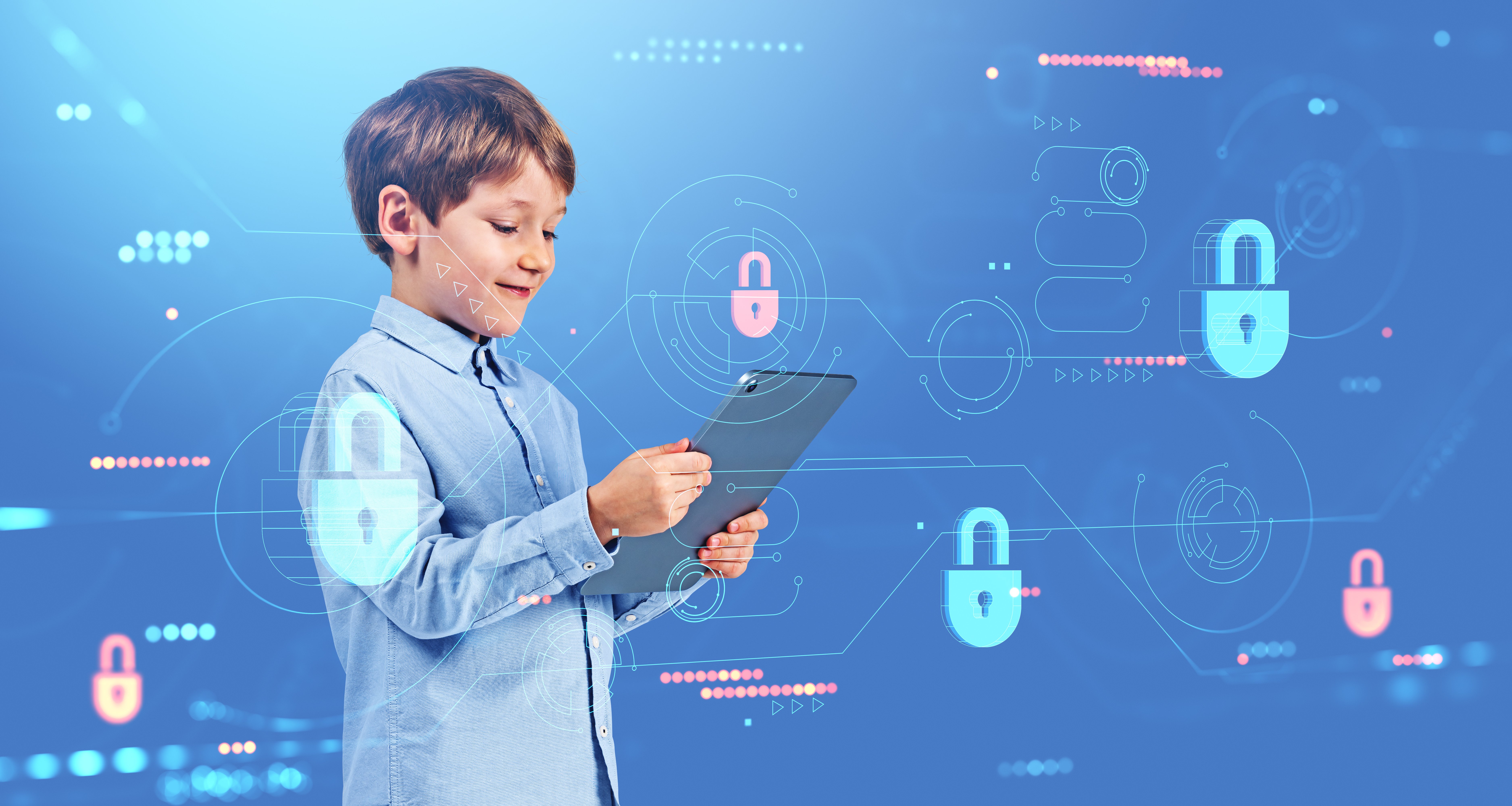 boy holding a tablet and being secure online