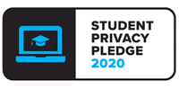 blue laptop with graduation cap on screen in front of black background on left side and Student Privacy Pledge 2020 text on right side of rounded corner rectangle