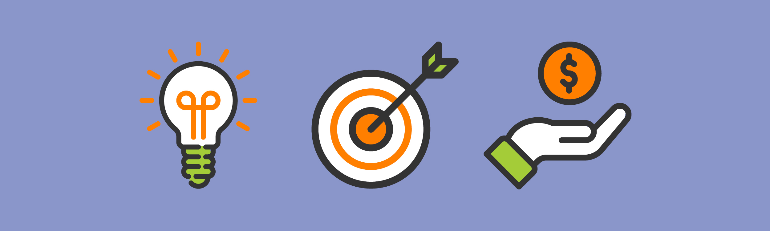 Graphic of a lightbulb, target, and hand with money