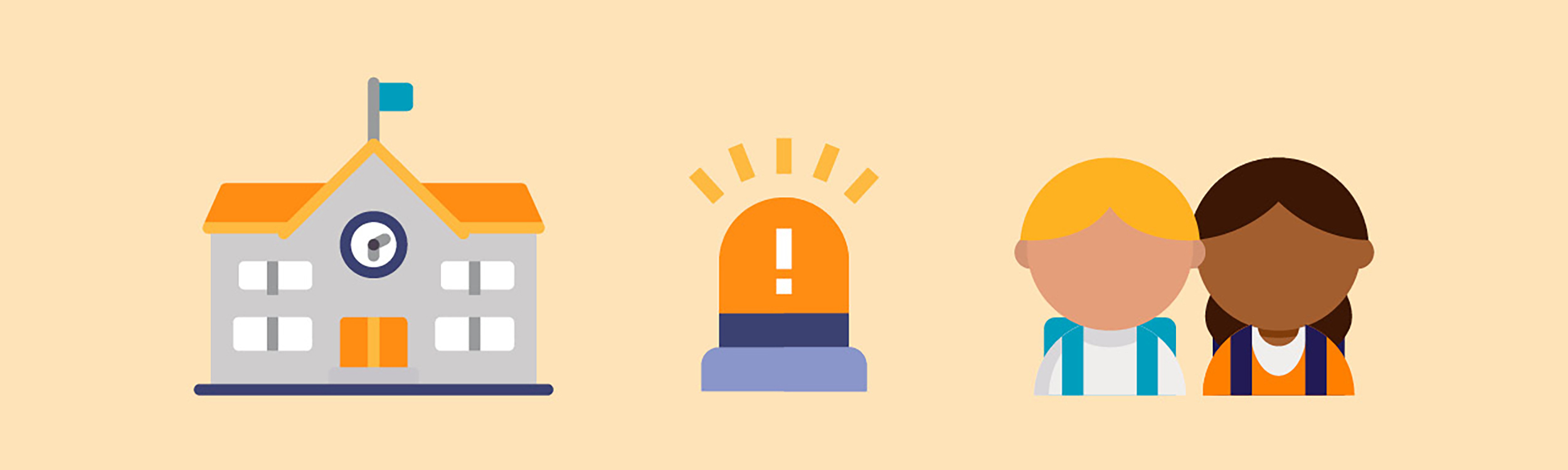 Graphics of a school, alarm, and children