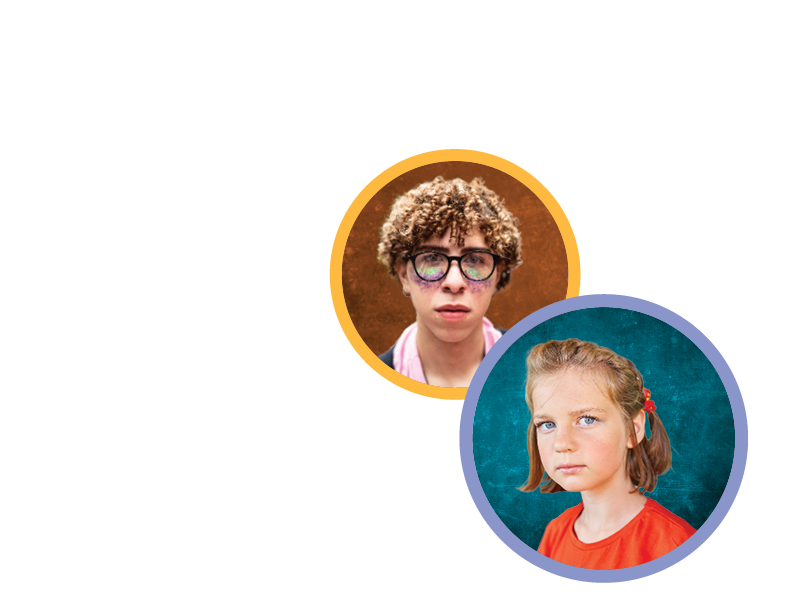 Two students on textured backgrounds looking seriously into the camera