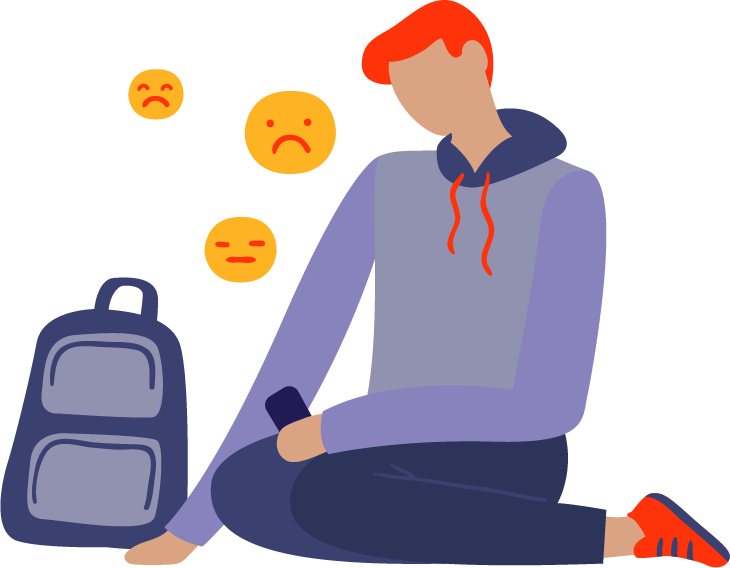 illustration of boy sitting with backpack and sad faces